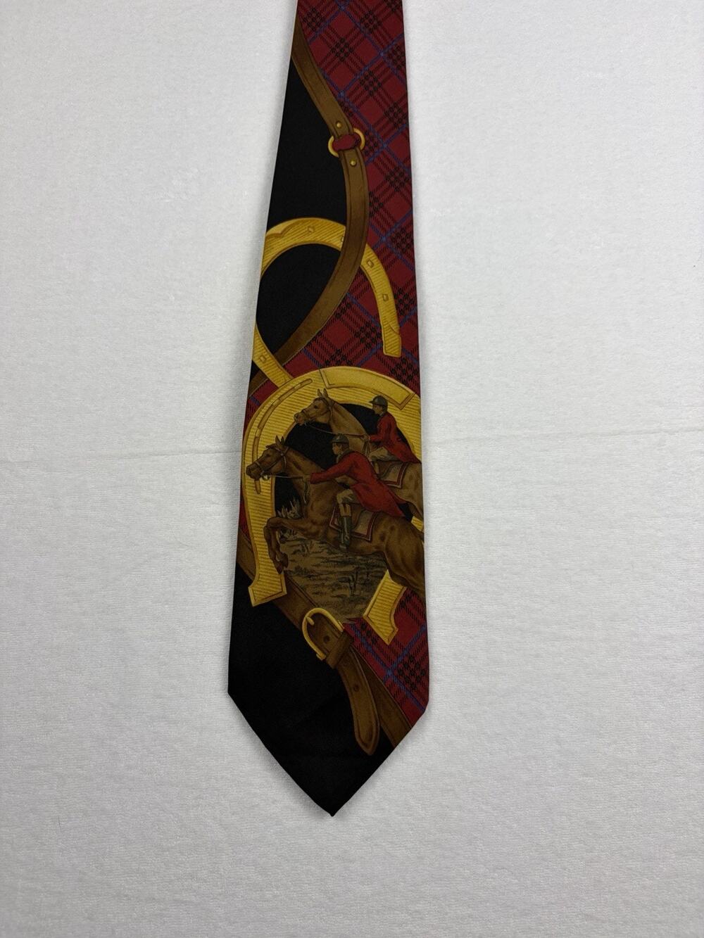 VTG Polo Ralph Lauren Tie Equestrian Horse Tartan Plaid 100% Silk Made USA